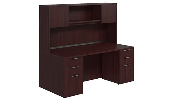 Desk 66in W x 30in D with Double 3 Drawer Pedestals and Wood Hutch with 2 Doors