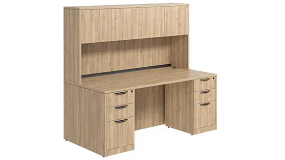 Desk 71in W x 36in D with Double 3 Drawer Pedestals and Wood Hutch with 4 Doors
