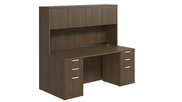 Desk 71in W x 24in D with Double 3 Drawer Pedestals and Wood Hutch with 4 Doors