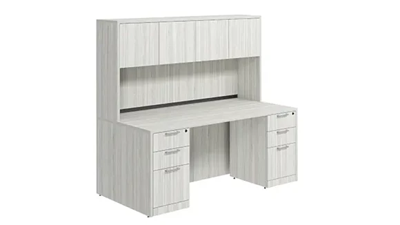 Desk 66in W x 30in D with Double 3 Drawer Pedestals and Wood Hutch with 4 Doors