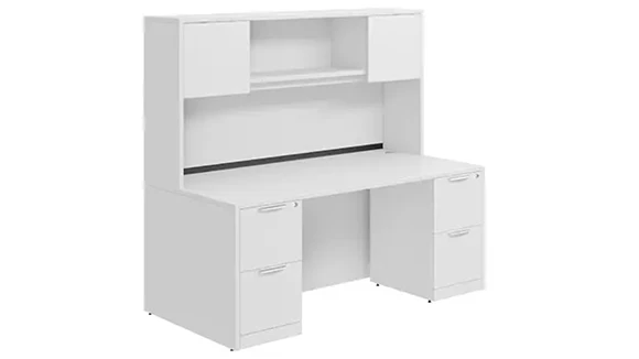 Desk 66in W x 30in D with Two 2 Drawer Pedestals and Wood Hutch with 2 Doors