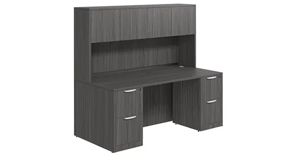 Desk 66in W x 30in D with Double 2 Drawer Pedestals and Wood Hutch with 4 Doors
