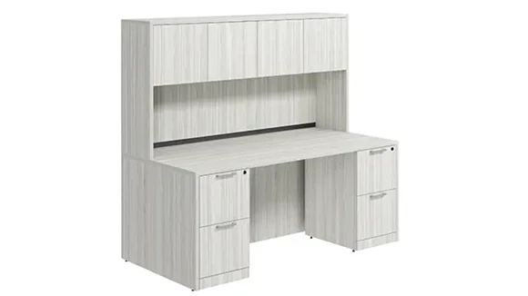 Desk 60in W x 24in D with Double 2 Drawer Pedestals and Wood Hutch with 4 Doors