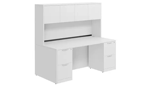 Desk 66in W x 24in D with Double 2 Drawer Pedestals and Wood Hutch with 4 Doors
