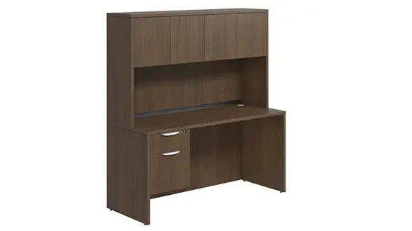 Desk 60in W x 30in D with Hanging Pedestal and Wood Hutch with 4 Doors