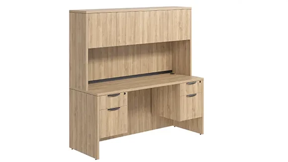 Desk 71in W x 24in D with Double Hanging Pedestals and Wood Hutch with 4 Doors