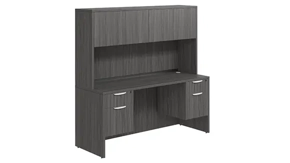 Desk 66in W x 30in D with Double Hanging Pedestals and Wood Hutch with 4 Doors