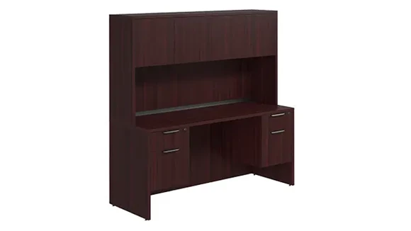 Desk 71in W x 36in D with Double Hanging Pedestals and Wood Hutch with 4 Doors