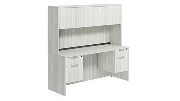 Desk 60in W x 24in D with Double Hanging Pedestals and Wood Hutch with 4 Doors