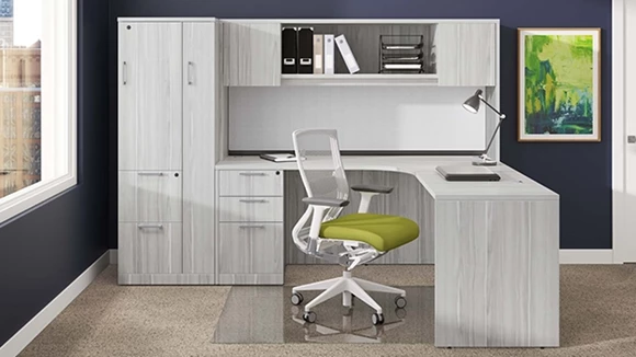 71in x 83in Curve Corner Slim Single BBF Ped L-Desk - 2 Dr Wood Hutch with Personal Storage Cabinet