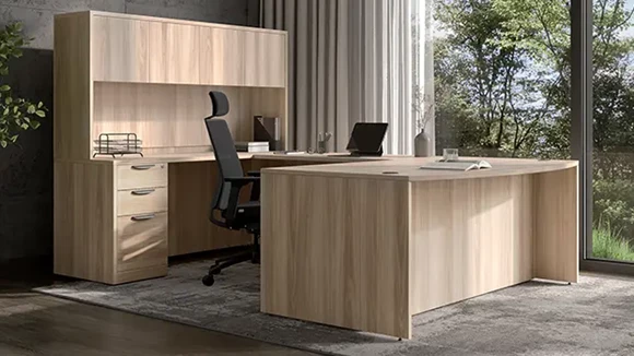 72in x 107in Bow Front Double Pedestal U-Shaped Desk with 4Dr Wood Hutch