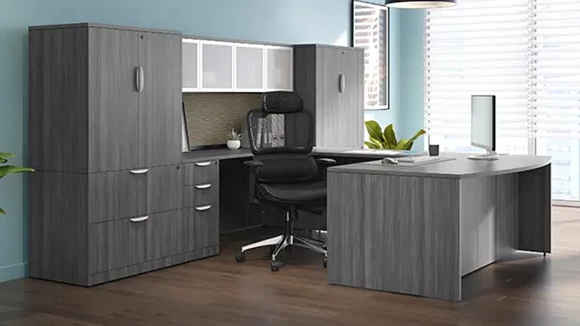 Bow-Front U-Desk 142in W x 107in D with 2 Pedestals and Hutch