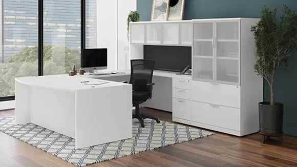 Bow-Front U-Desk 60in W x 24in D with 1 Pedestal and Hutch