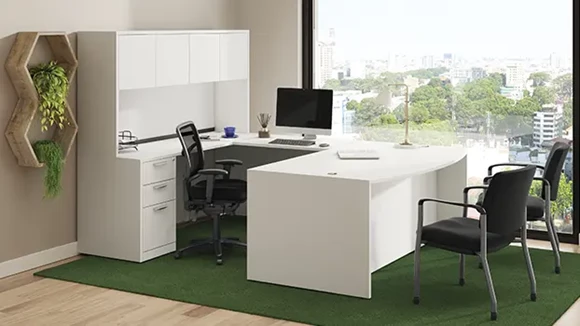 Double Pedestal Bowfront U-Desk w/ Wood Door Hutch