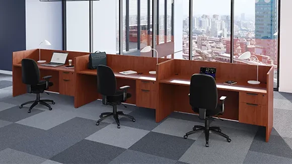 Bow-Front Workstation 223in W x 30in D with Hanging Pedestal