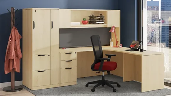 71in x 66in Curve Corner Slim Single BBF Ped L-Desk - 2 Dr Wood Hutch with Personal Storage Cabinet