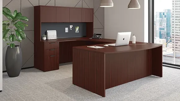 Double Pedestal Bow Front U-Desk with 4 Wood Door Hutch