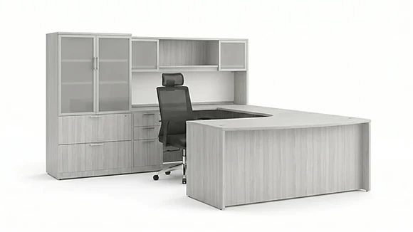 Bow-Front U-Desk 106in W x 107in D with Hutch and 2 Pedestals