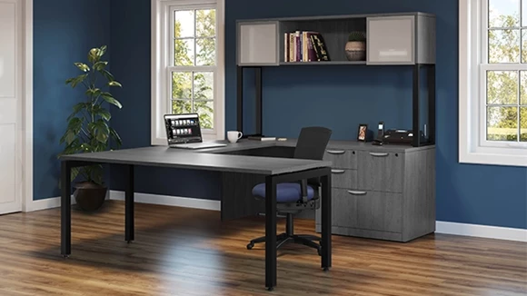 U-Desk 72in W x 102in D with Hutch and Metal Legs