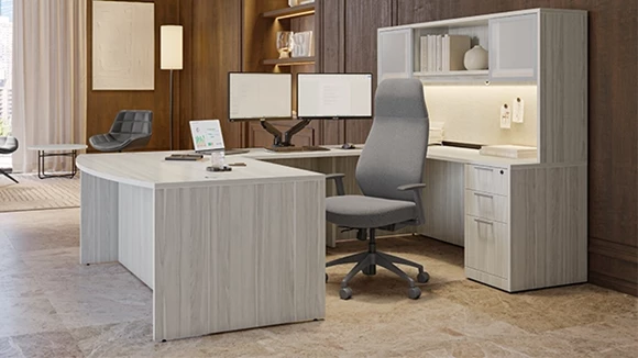 Bow-Front U-Desk 72in W x 112in D with Hutch and 2 Pedestals