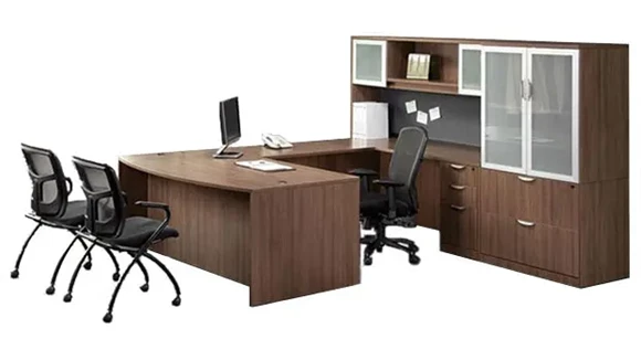 Bow-Front U-Desk 107in W x 113in D with 1 Pedestal and Hutch