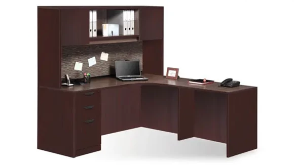 71in x 66in Curve Corner Slim Single BBF Ped L-Desk - 2 Dr Wood Hutch