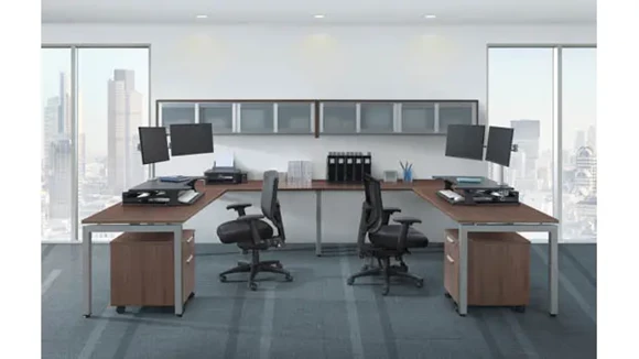U-Shaped Workstation 144in W x 96in D with 2 Mobile File Cabinets and 2 Open Hutches