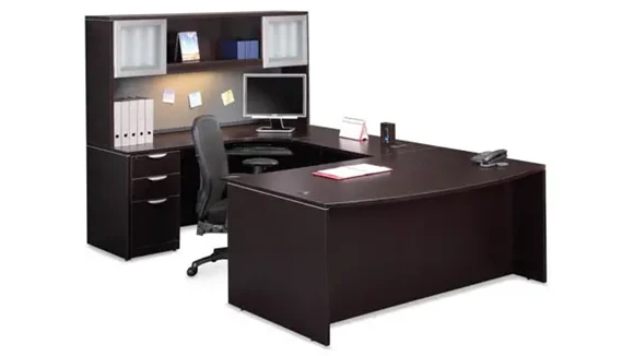 Bow-Front U-Desk 72in W x 112in D with Hutch and 1 Pedestal