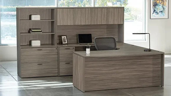 Bow-Front U-Desk 107in W x 107in D with Hutch and 2 Pedestals