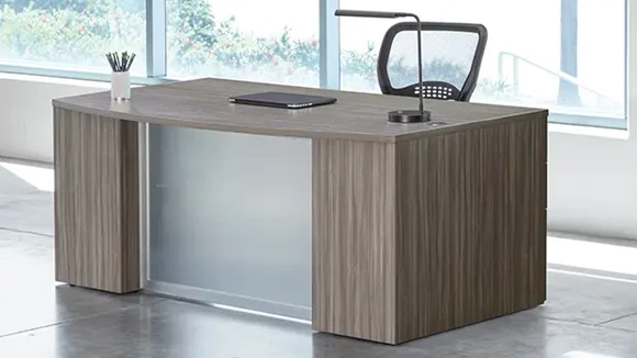 Bow-Front Desk Shell 71in W x 40in D with 2 Pedestals
