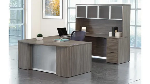 Bow-Front U-Desk 71in W x 112in D with Hutch and 2 Pedestals