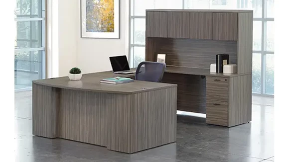 72in x 112in Bow Front U-Desk with Wood Door Hutch