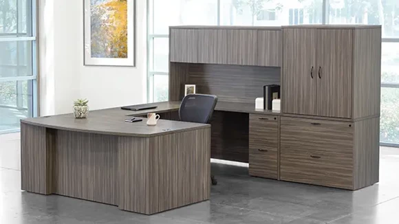 Bow-Front U-Desk 107in W x 112in D with Hutch and 2 Pedestals