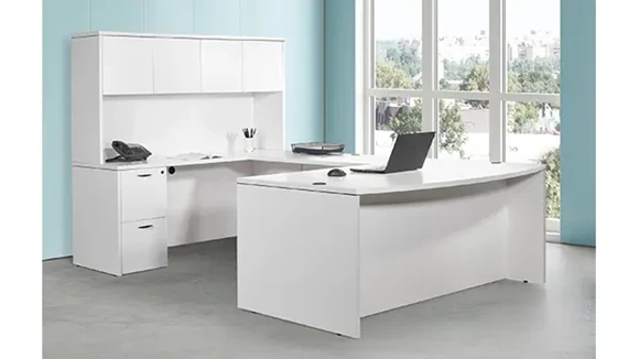 Double Pedestal Bow Front U-Desk with Wood Door Hutch