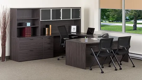 Bow-Front U-Desk 107in W x 113in D with 2 Pedestals and Hutch