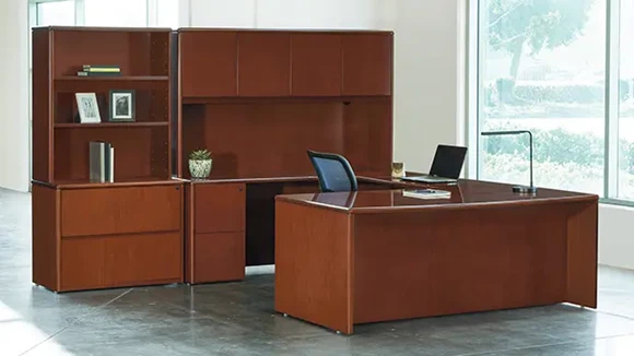Double Pedestal Bow Front U-Desk with Hutch and Lateral/Display Combo
