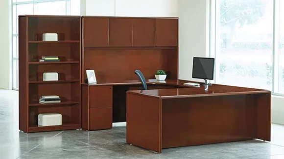Extended Credenza Corner U-Desk with Hutch and Bookcase