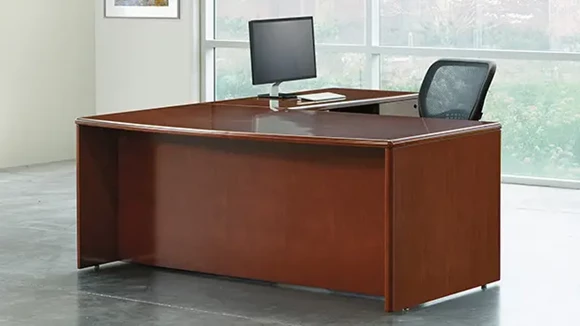 72in x 87in Double Pedestal Bow Front Wood Veneer L-Desk