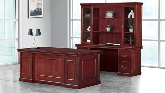 Executive Wood Veneer Office Suite Double Ped Desk, Credenza and Hutch