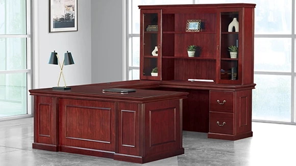 72in x 108in Double Pedestal Wood Veneer U-Desk with Storage Hutch
