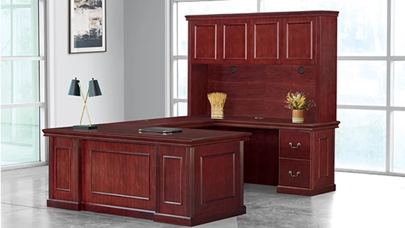 Executive Wood Veneer U-Desk with 4 Door Wood Hutch