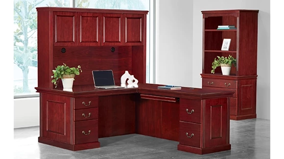 72in x 84in Double Pedestal Wood Veneer L-Desk w/ Wood Door Hutch