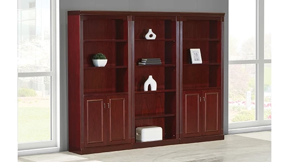 3 Section Wood Veneer Bookcase Wall Unit - 2 Door Units, 1 Open Bookcase