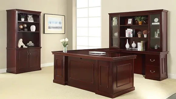 72in x 108in Double Pedestal Wood Veneer U-Desk with Storage Hutch Suite