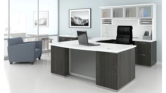 Bow-Front U-Desk 72in W x 114in D with Hutch and 2 Pedestals
