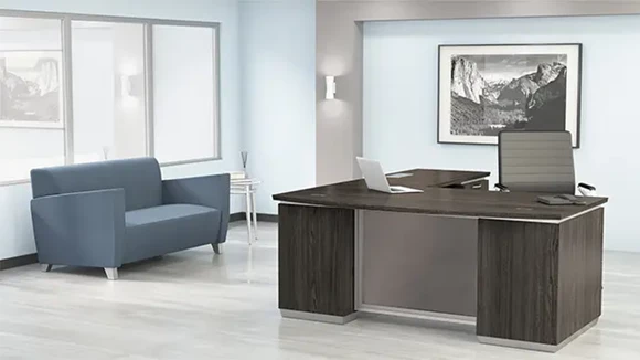 Bow-Front L-Desk 72in W x 90in D with 2 Pedestals
