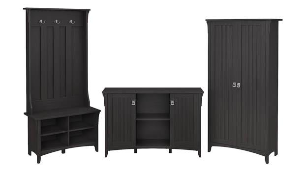 Bush Furniture Salinas Entryway Storage Set with Hall Tree, Shoe Bench and Accent Cabinet Ash Brown