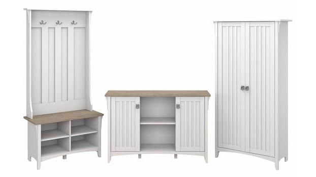 Bush Furniture Full Entryway Storage Set with Hall Tree, Shoe Bench with Doors and Cabinets