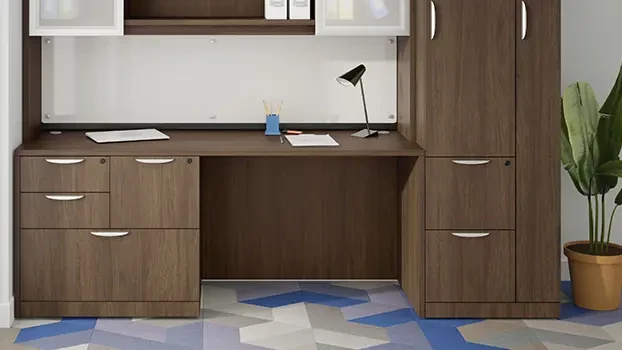 Modern Walnut Combo File in use under desk with top removed