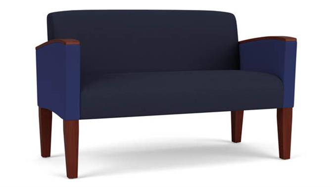 Navy Open House Fabric / Cobalt Open House Fabric / Wood Legs, Mahogany